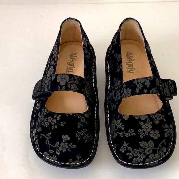 Alegria Shoes - Algeria Black Floral Print Mary Jane Style Slip On Shoes Leather Upper Fairy Y2K